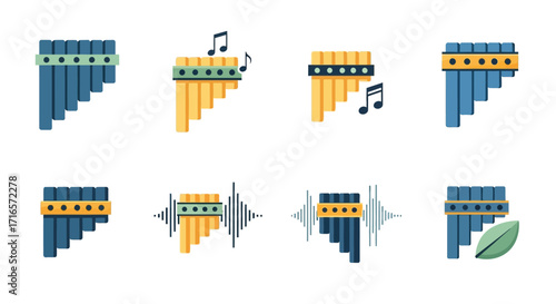 Vibrant Pan Flute Icons - Blue and Gold Musical Pipes with Notes and Waves.