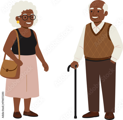 Elderly couple cartoon, senior characters, cane support, handbag style, aging lifestyle, smiling seniors, vector illustration, retirement, health, diversity