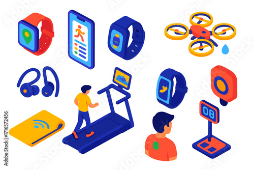 Tech Fitness Icons. Isometric vector illustration set of technology and fitness: GPS tracking watch, smartphone workout plan,