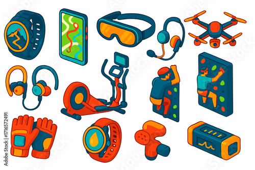 Fitness Tech Icons. Isometric vector illustration set of technology and fitness: smartwatch for hiking, smartphone with sports map