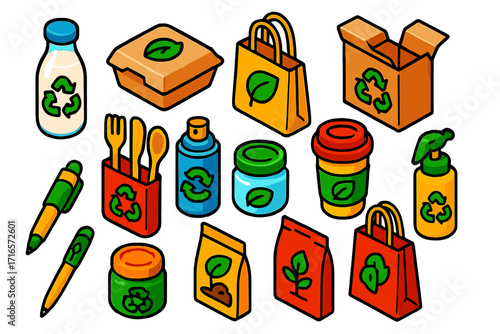 Eco-Friendly Product Icons. Isometric vector illustration set of eco-friendly recycling products: glass milk bottle with recycling