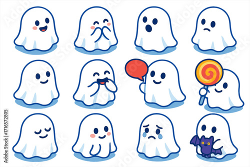 Colorful Ghost Icons. Isometric vector illustration set of ghosts with various expressions: happy-blush ghost, shy-eyed ghost,