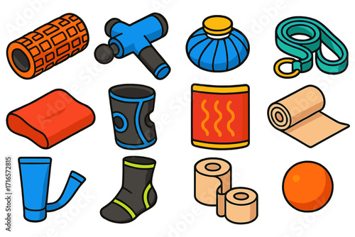 Fitness Recovery Tools. Isometric vector illustration set of fitness recovery tools: textured foam roller, percussion massage gun,