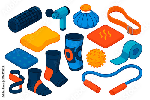 Fitness Recovery Tools Collection. Isometric vector illustration set of fitness recovery tools: extra firm massage roller, quiet