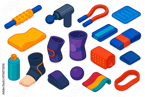 Colorful Fitness and Rainbows. Isometric vector illustration set of fitness recovery tools: patterned roller stick, portable