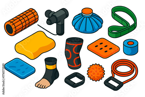 Fitness Recovery Tools Collection. Isometric vector illustration set of fitness recovery tools: extra firm massage roller, quiet