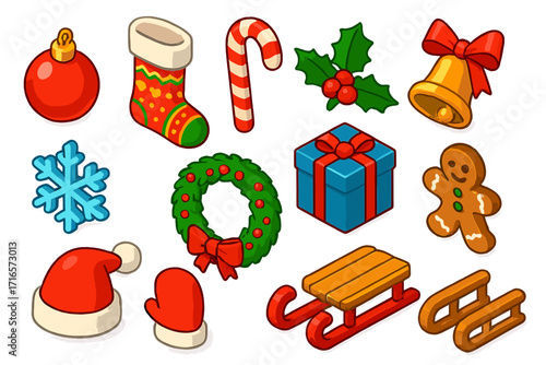 Festive Holiday Icons. Isometric vector illustration set of Christmas holiday elements: shiny glass ornament, patterned stocking