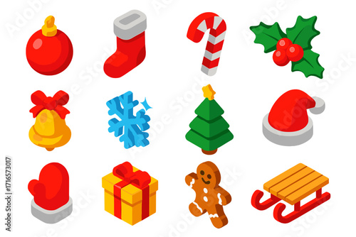 Festive Holiday Icons. Isometric vector illustration set of Christmas holiday elements: glass ornament ball, red stocking with