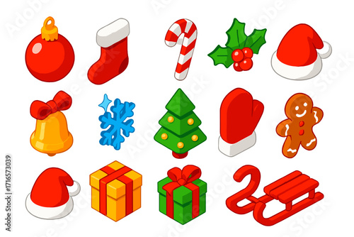 Festive Holiday Icons. Isometric vector illustration set of Christmas holiday elements: glass ornament ball, red stocking with