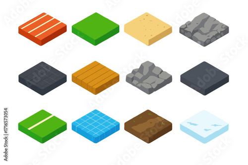 Vibrant Terrain Textures. Isometric vector illustration set of terrain textures for fitness: red lane track, trimmed turf grass,
