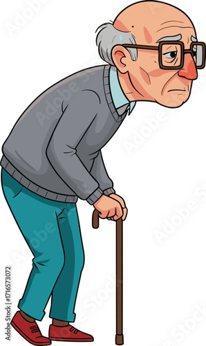 Elderly man cartoon illustration, senior character with walking cane, sad old person wearing glasses, gray sweater, blue pants, red shoes