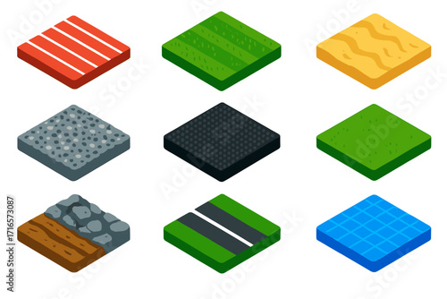 Vibrant Fitness Terrains. Isometric vector illustration set of terrain textures for fitness: running track with lines, stadium