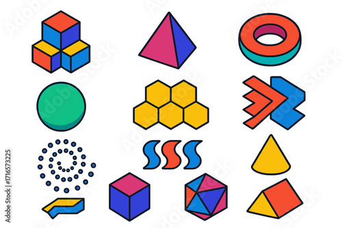 Colorful Geometric Shapes. Isometric vector illustration set of geometric shapes and patterns: stacked cubes, 3D pyramid, sphere,