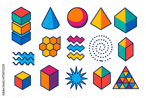 Geometric Shapes Delight. Isometric vector illustration set of geometric shapes and patterns: stacked cubes, cone, sphere, pyramid