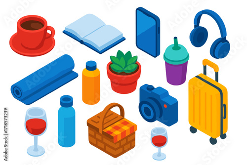 Lifestyle Icon Set. Isometric vector illustration set of lifestyle elements: coffee cup, open book, potted succulent, smartphone,