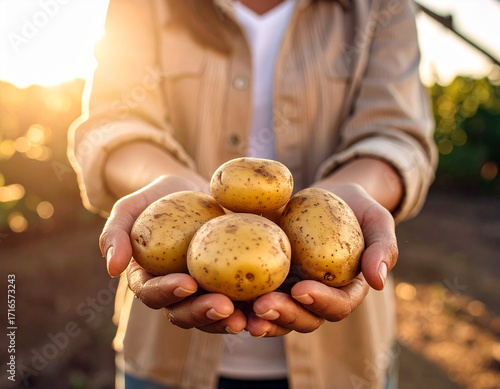 A farmer holding a handful of freshly harvested organic potatoes in their hands, with the warm sunlight of a farm in the background.