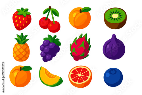 Vibrant Fruit Icons. Isometric vector illustration set of fruits: strawberry, cherry, peach, kiwi, pineapple, grape, dragon fruit,