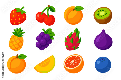 Vibrant Fruit Icons. Isometric vector illustration set of fruits: strawberry, cherry, peach, kiwi, pineapple, grape, dragon fruit,