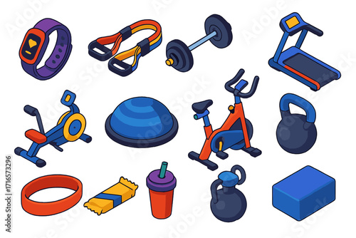 Modern Fitness Equipment. Isometric vector illustration set of modern fitness and health: wearable fitness band, resistance bands,