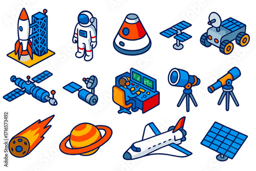 Space Exploration Icons. Isometric vector illustration set Space Exploration: rocket launchpad, astronaut, space capsule, lunar