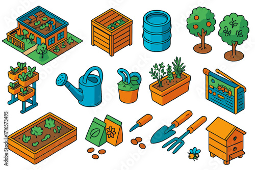 Media and Gardening Icons. Isometric vector illustration set of notification and media: alert on phone, bell symbol icon, mail