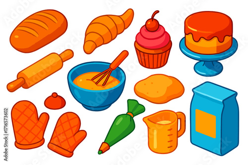 Colorful Bakery Icons. Isometric vector illustration set Bakery: bread loaf, croissant, rolling pin, mixing bowl, whisk, cupcake,