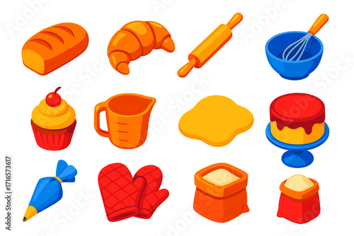 Colorful Bakery Icons. Isometric vector illustration set Bakery: bread loaf, croissant, rolling pin, mixing bowl, whisk, cupcake,