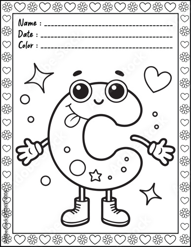 ABC Alphabet Coloring Page with Cute Animals for Adults and Kid. High resolution (300 DPI), Ready to print on standard 8.5x11-(A4) inch paper With (No Bleed), Black and White. Vector illustration
