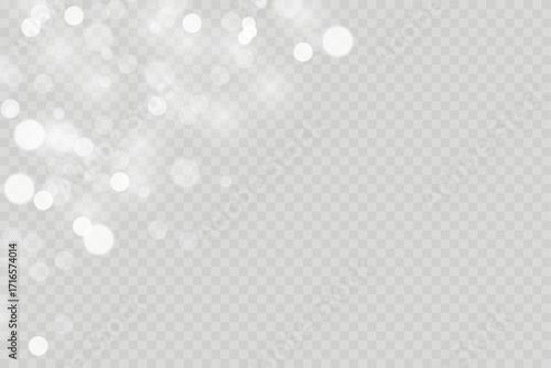 Soft White Bokeh Lights and Sparkling Glitter Dust Overlay on Transparent Dark Background