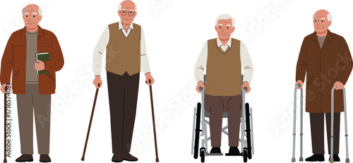 Elderly men, mobility aids, walking cane, walker, wheelchair, senior lifestyle, aging support, independence, retirement, assistive devices, healthcare, old age, disability