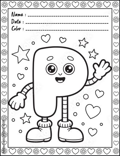 ABC Alphabet Coloring Page with Cute Animals for Adults and Kid. High resolution (300 DPI), Ready to print on standard 8.5x11-(A4) inch paper With (No Bleed), Black and White. Vector illustration
