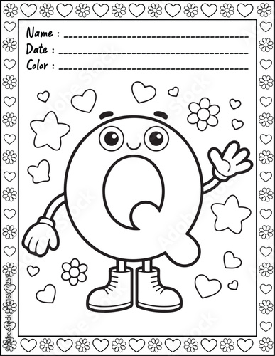 ABC Alphabet Coloring Page with Cute Animals for Adults and Kid. High resolution (300 DPI), Ready to print on standard 8.5x11-(A4) inch paper With (No Bleed), Black and White. Vector illustration
