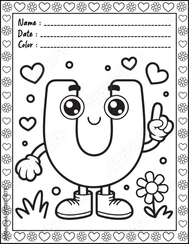 ABC Alphabet Coloring Page with Cute Animals for Adults and Kid. High resolution (300 DPI), Ready to print on standard 8.5x11-(A4) inch paper With (No Bleed), Black and White. Vector illustration

