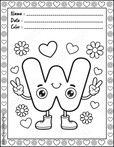 ABC Alphabet Coloring Page with Cute Animals for Adults and Kid. High resolution (300 DPI), Ready to print on standard 8.5x11-(A4) inch paper With (No Bleed), Black and White. Vector illustration
