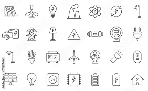 Electricity and energy icon set. Vector glyph pictograms of lightning bolt, battery, plug, solar panel, wind turbine, power, renewable energy, electrical safety