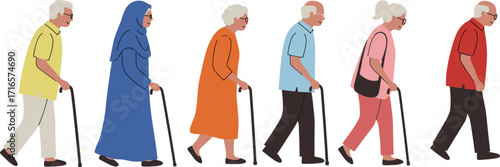 Elderly people, walking with canes, senior mobility, aging support, diverse seniors, cultural representation, healthcare, independence, retirement, accessibility, disability aid