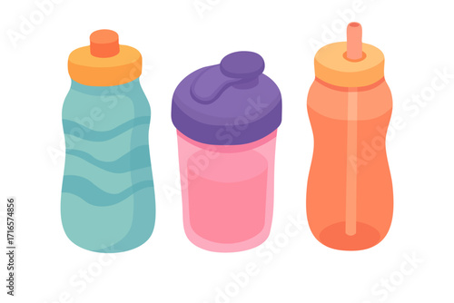 Vector illustration of colorful water bottles for gym, sport and fitness in flat cartoon doodle style.