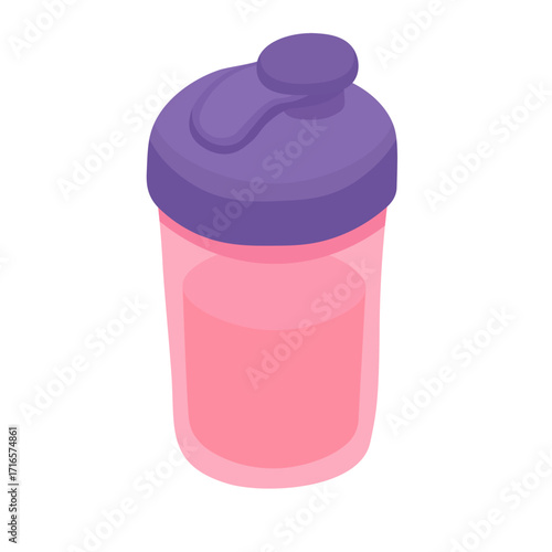 Vector illustration of pink protein shaker bottle with purple lid in flat cartoon doodle style.