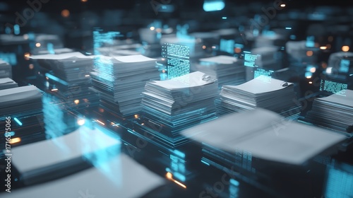 Data piles awaiting digital transformation glowing with possibilities and challenges highlighting the need for paperless