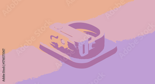 Isometric illustration of a can opener on a square platform with a pastel color scheme.