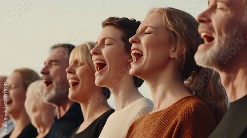 Group of diverse people singing together with open mouths outside