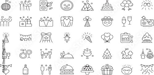 wedding, celebration, party, marriage, event, love, couple, ceremony, reception, invitation, bride, groom, ring, dress, cake, flowers, champagne, toast, gift, heart, decoration, line art, vector, icon