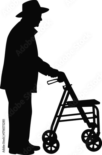 Silhouette elderly person, walker support, senior mobility, aging assistance, disability aid, healthcare, independence, old age, retirement, physical therapy, mobility device