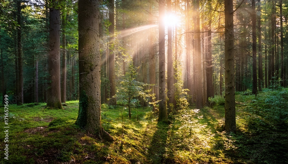Fototapeta premium Serene Forest Landscape With Sunlight And Glowing Particles In A Tranquil Setting