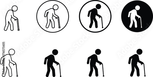 Walking cane icon set, elderly assistance symbol, accessibility signage, senior walking figure, black white design, vector illustration, healthcare