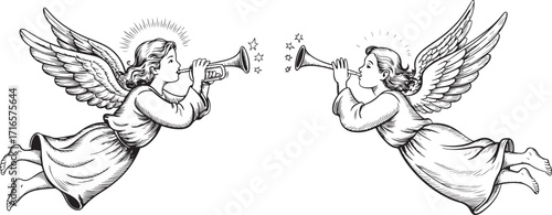 Cuadro en lienzo Vintage engraving Flying Angels with Trumpets Illustration