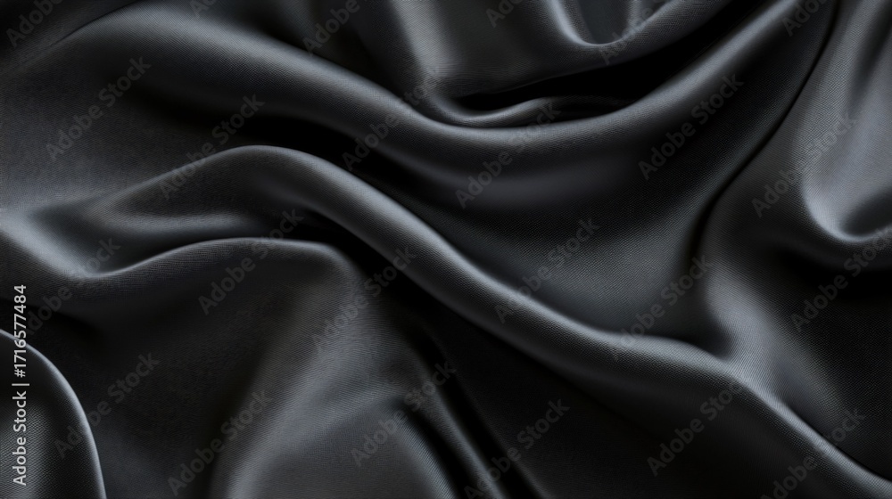 Obraz premium Wavy black satin fabric creates a smooth shiny and luxurious abstract background.