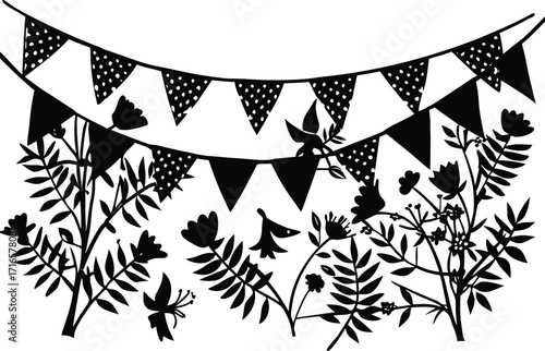 Vector art of silhouette of festive bunting and wildflowers, creating a whimsical and celebratory atmosphere