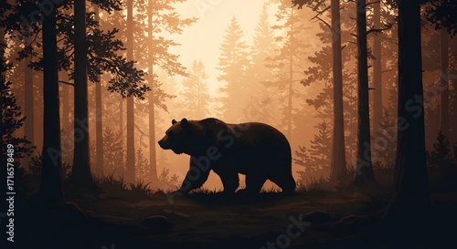 Silhouette of a bear, walking through a misty forest