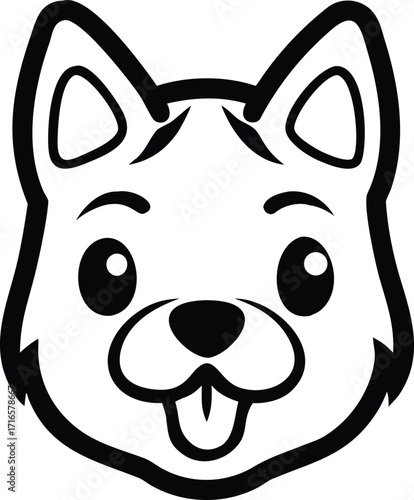 Cute Black and White Outline Illustration of a Happy Dog's Face with Tongue Out puppy canine